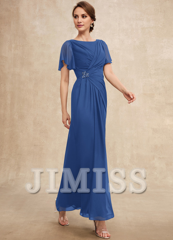 Beaded pleated A-line plunging ankle-length chiffon mother of the bride dress