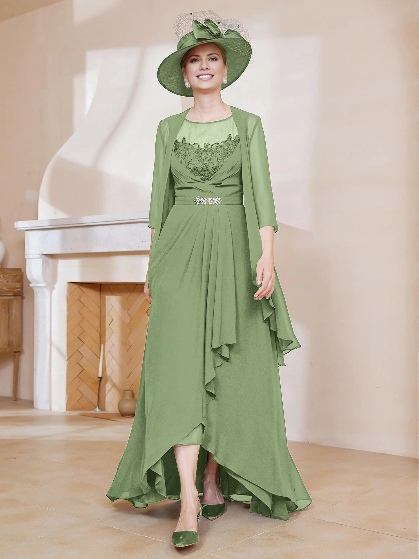 Illusionary collar ruffled dress paired with jacket mother of the bride dress