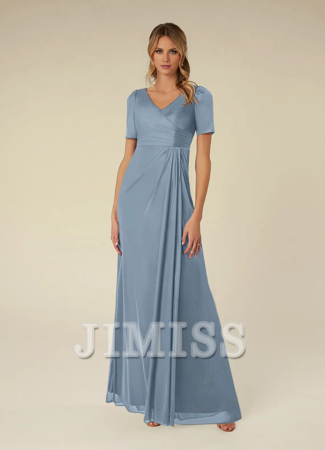 A-line short sleeve pleated mesh floor-length mother of the bride dress