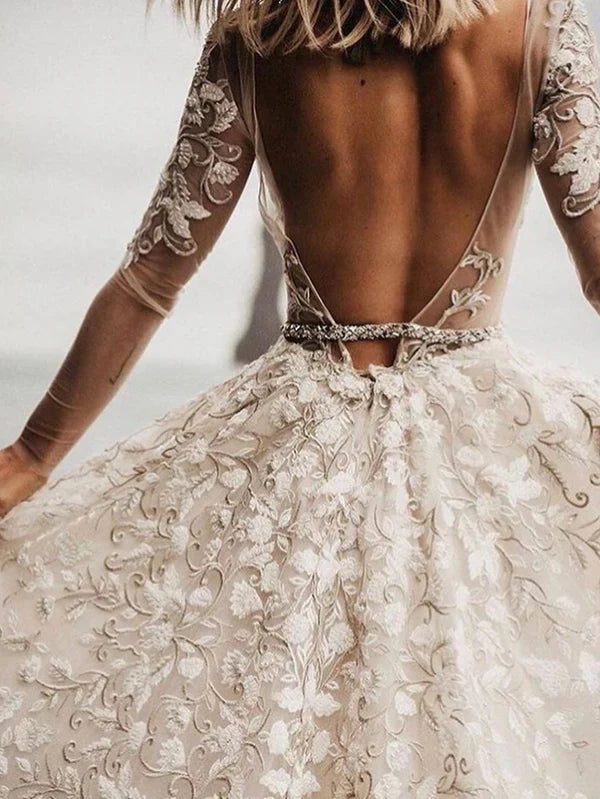 Romantic A-line Wedding Dresses With Long Sleeves Lace Bridal Gowns Elegant