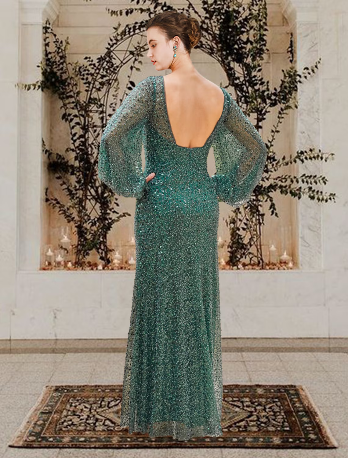 Mother of the Bride Dress Elegant Sparkle Shine V Neck Floor Length Lace Sequined Long Sleeve with Beading Sequin