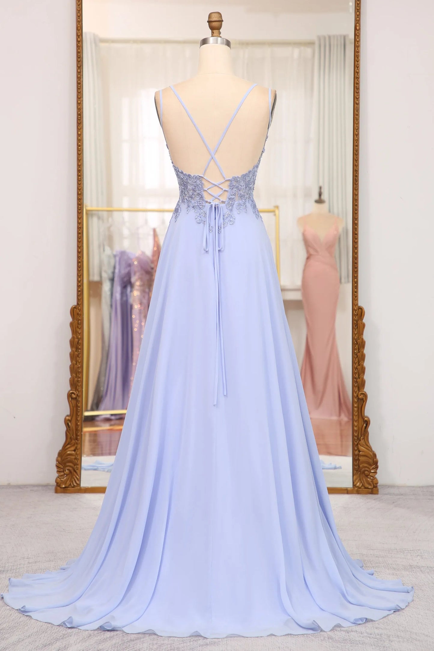 A Line Lace Up Long Prom Dress With Appliques Sexy