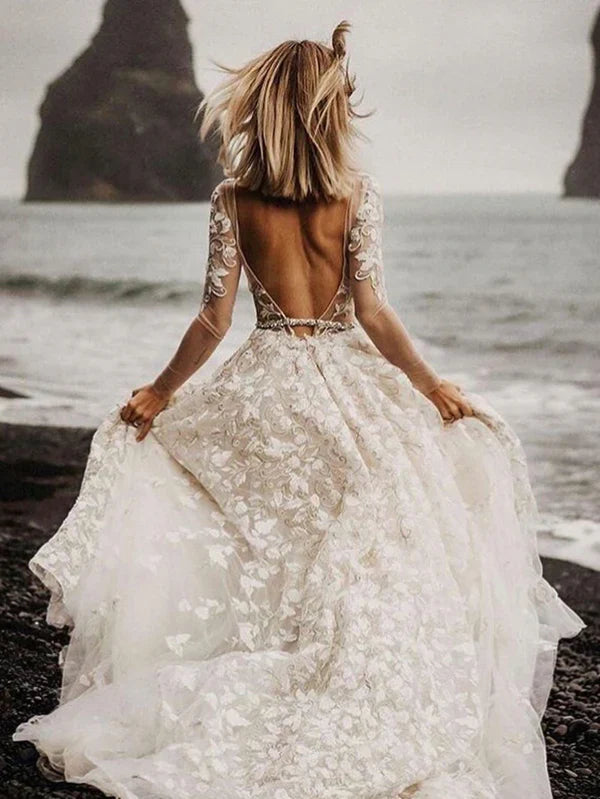 Romantic A-line Wedding Dresses With Long Sleeves Lace Bridal Gowns Elegant