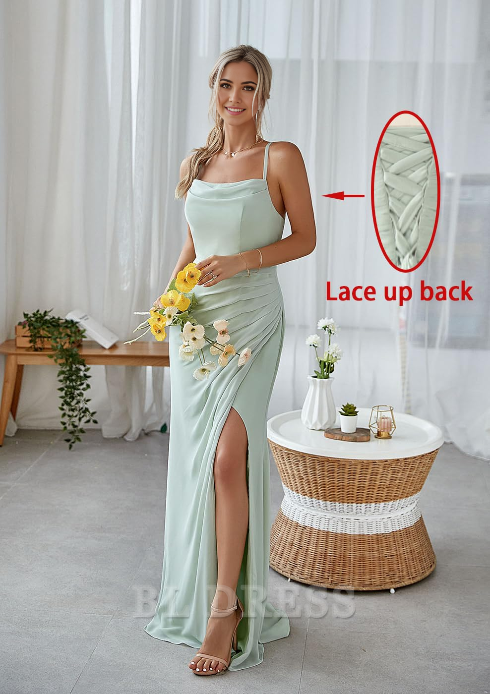 A Line Spaghetti Strap Pleated Tulle formal dresses Bridesmaid Dresses evening gown Prom Dress with Slit