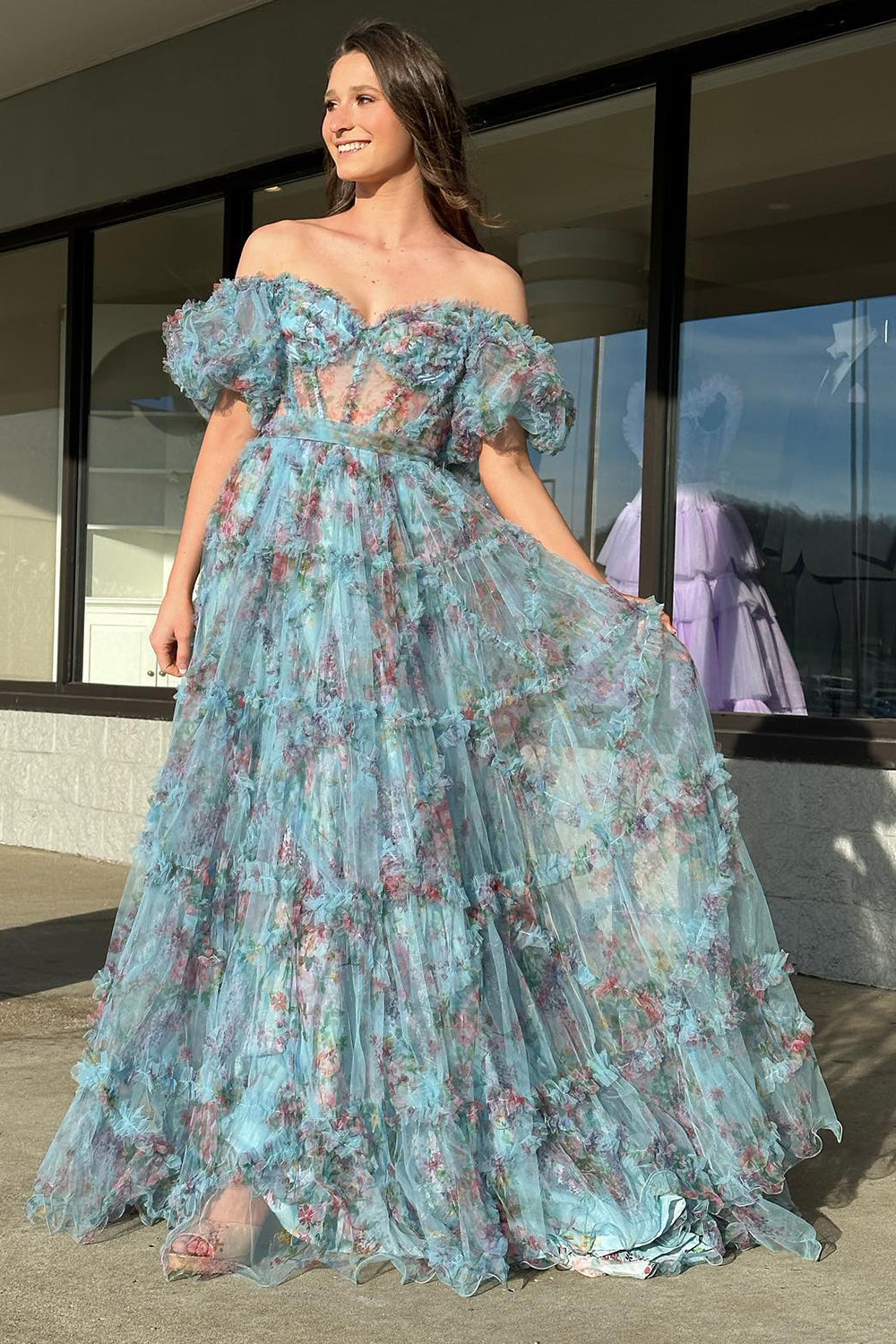 A Line Pink Green Flower Strapless Corset Tulle Long Prom Dress Off Shoulder