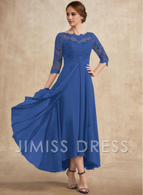 Jimiss A-line hollow illusion asymmetrical lace chiffon belt with layered ruffles mother of the bride dress