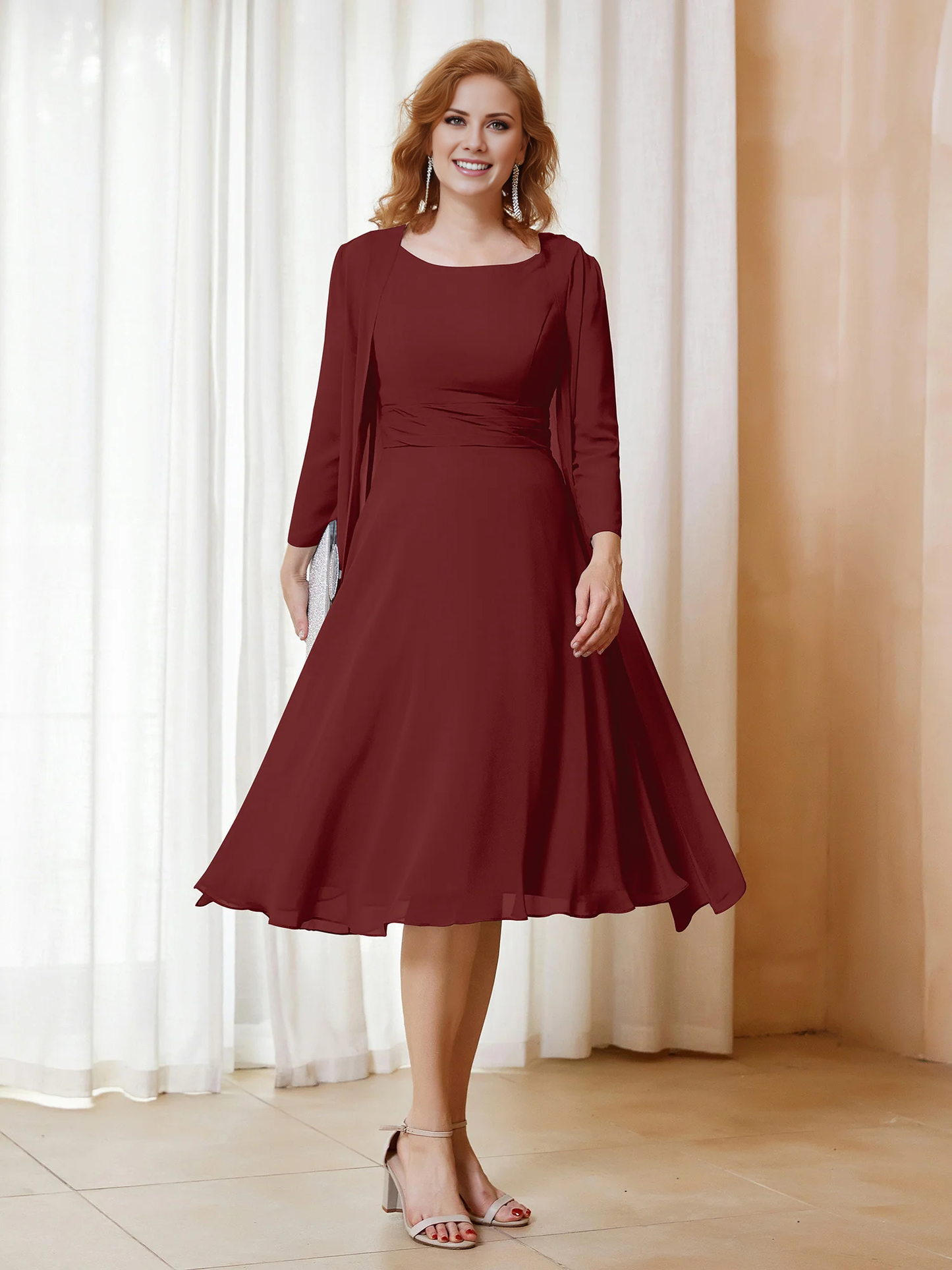 Folded chiffon dress paired with jacket mother of the bride dress