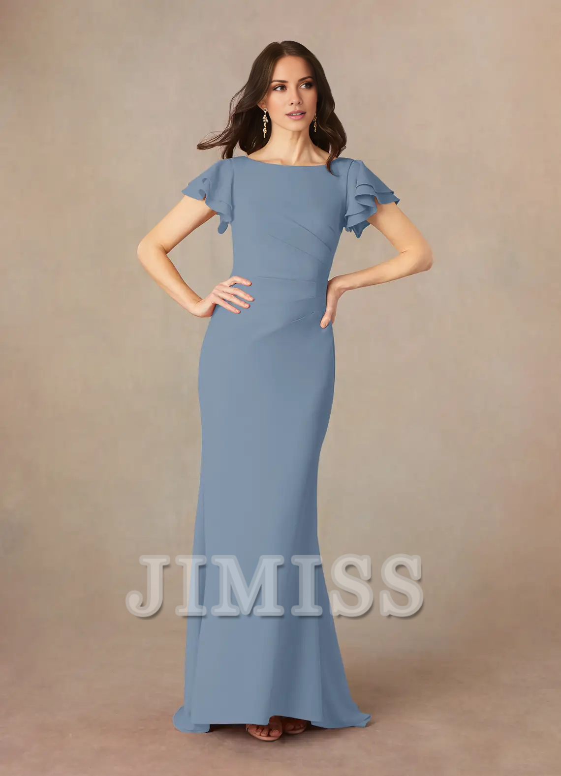 Mermaid spoon pleated crepe floor length mother of the bride dress