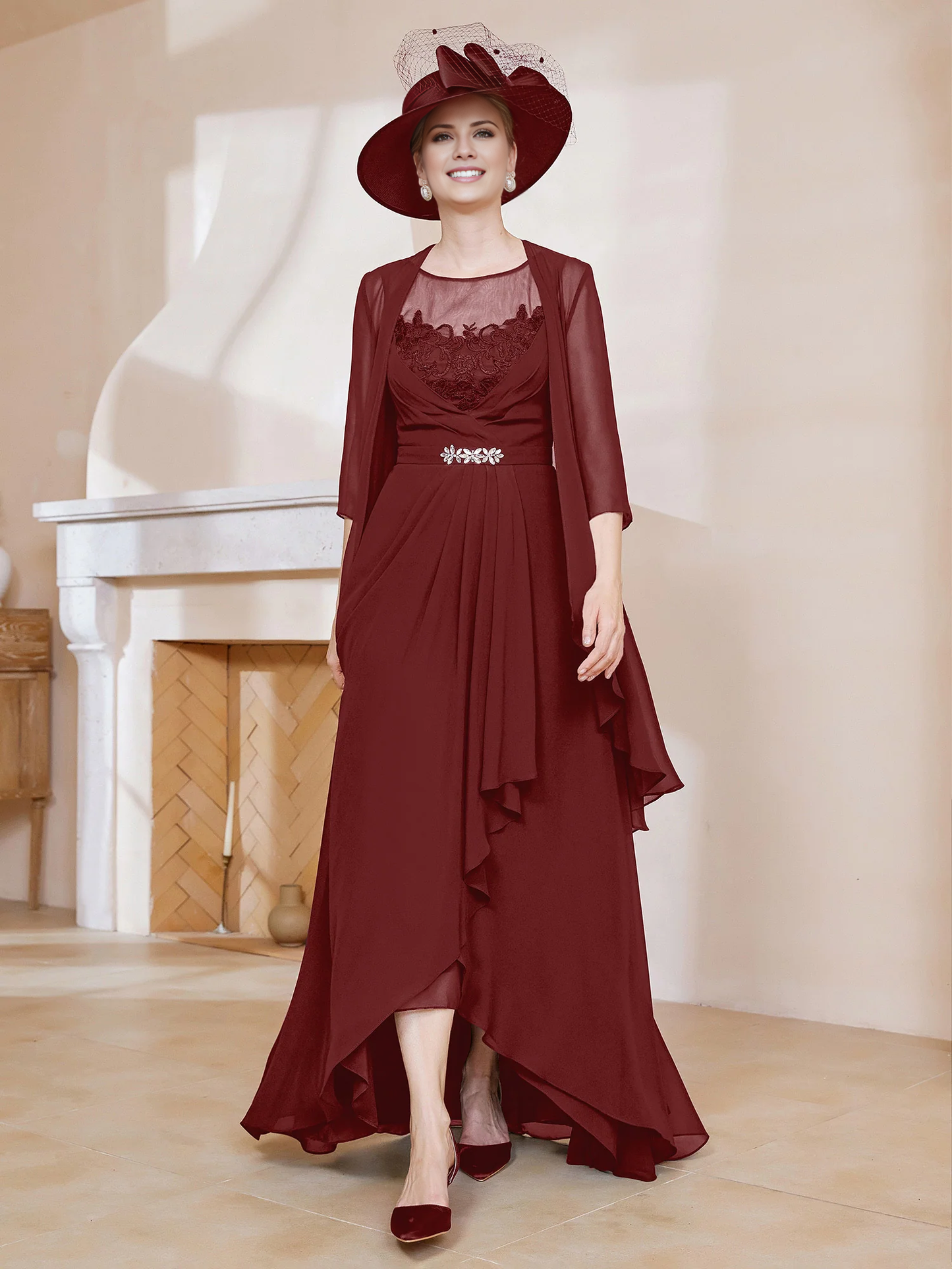 Illusionary collar ruffled dress paired with jacket mother of the bride dress