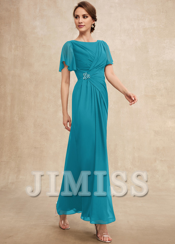 Beaded pleated A-line plunging ankle-length chiffon mother of the bride dress
