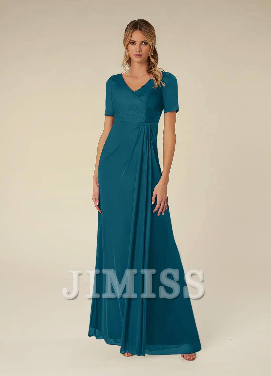 A-line short sleeve pleated mesh floor-length mother of the bride dress