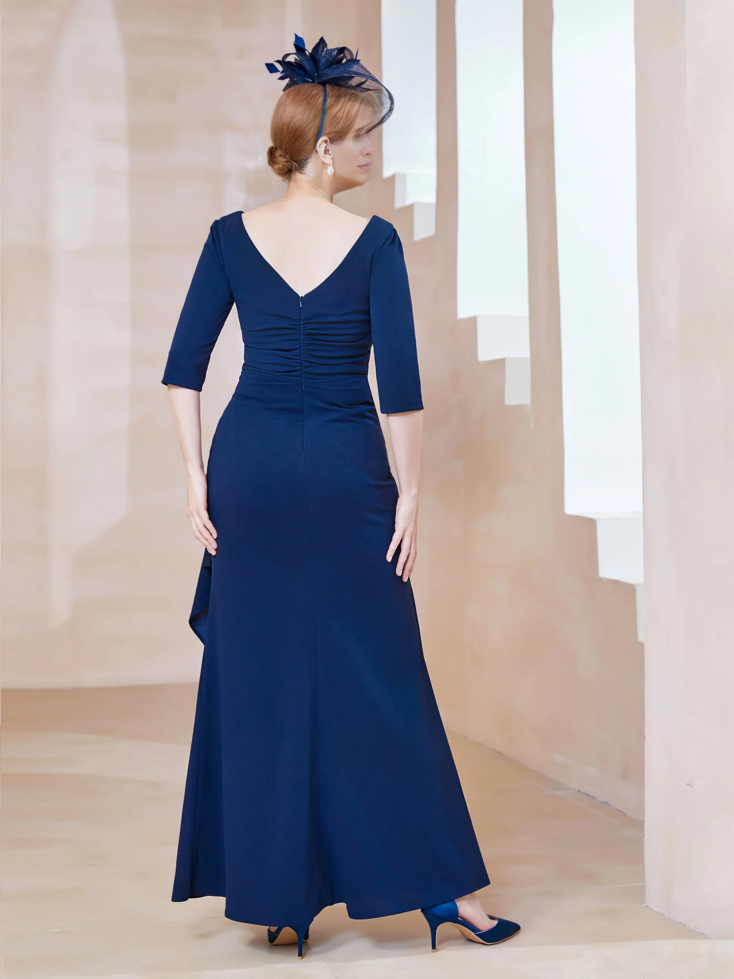 V-neck half sleeved pleated mother of the bride dress