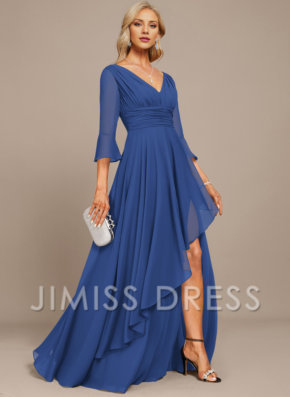 Jimiss A-line V-neck floor mopping chiffon strap with layered ruffles mother of the bride dress