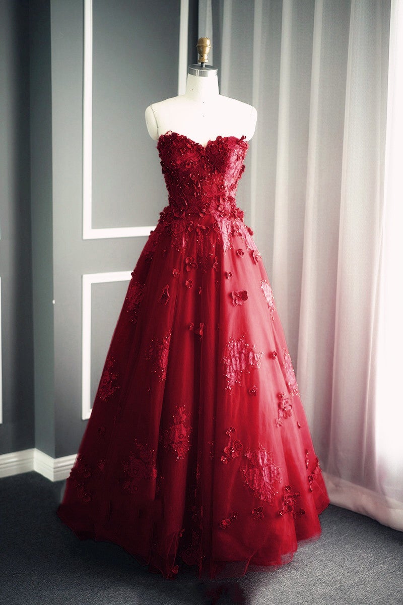 A Line Floral Lace Beaded Sweetheart Tulle Evening Gowns Long Prom Dress