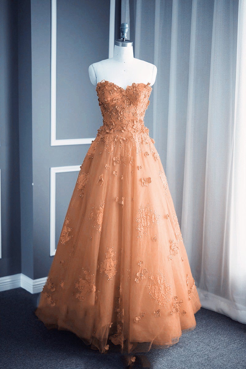 A Line Floral Lace Beaded Sweetheart Tulle Evening Gowns Long Prom Dress