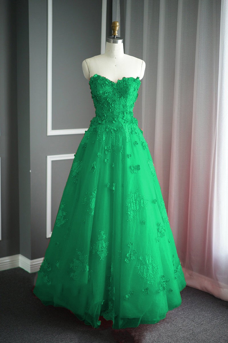 A Line Floral Lace Beaded Sweetheart Tulle Evening Gowns Long Prom Dress