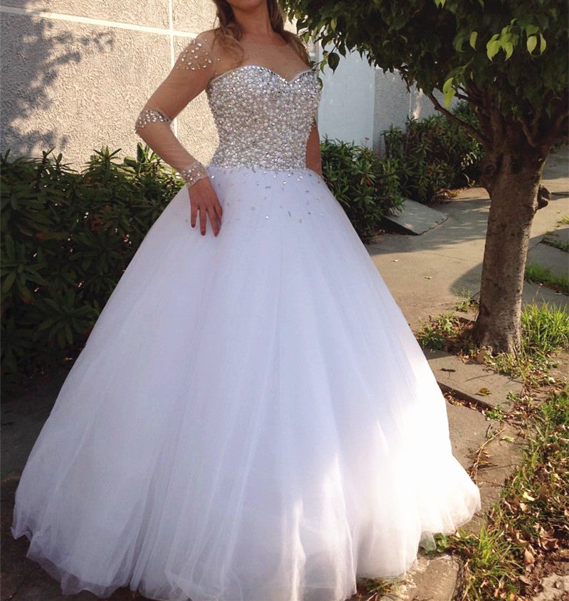 A Line Pearl And Crystal Beaded Long Sleeves Wedding Dresses