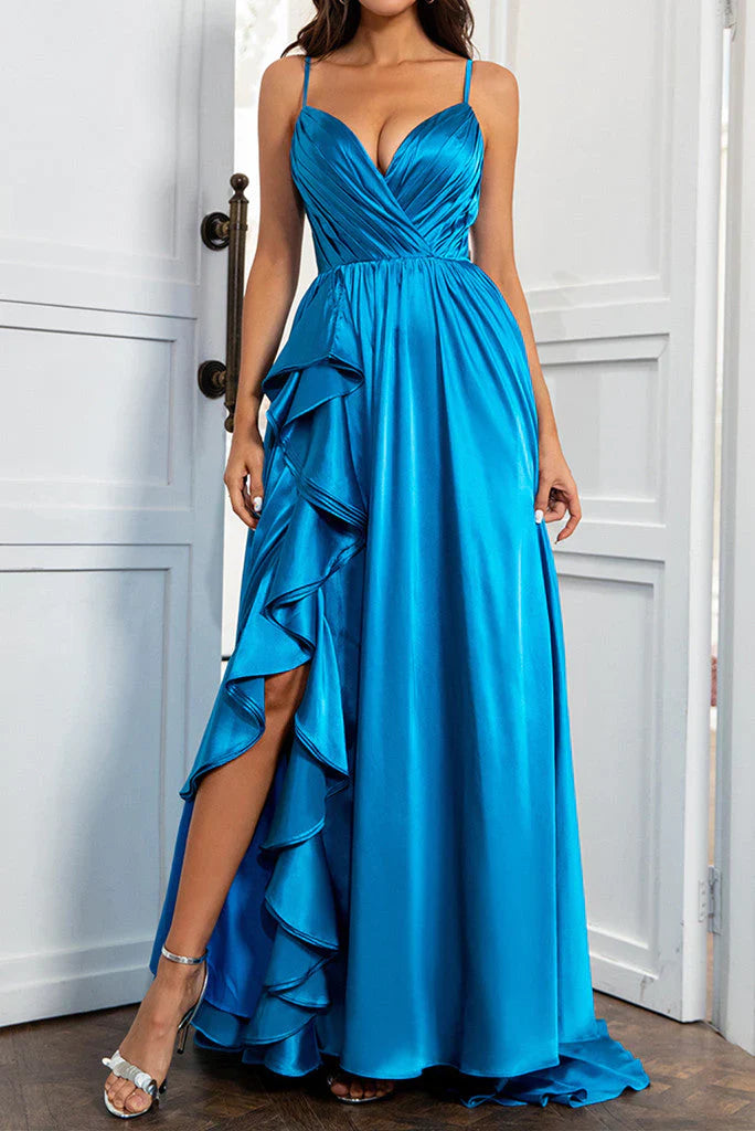 A Line Spaghetti Straps Satin Prom Dresses With Slit And Flounced