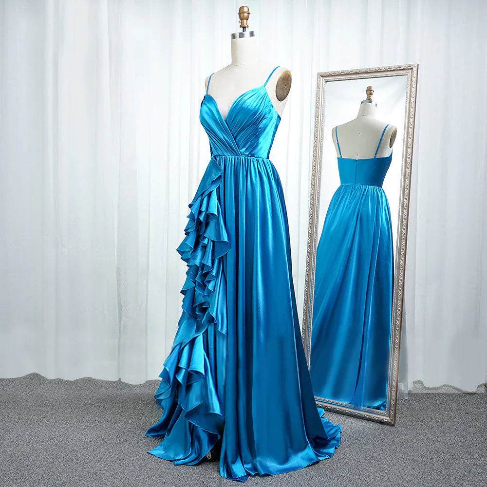 A Line Spaghetti Straps Satin Prom Dresses With Slit And Flounced