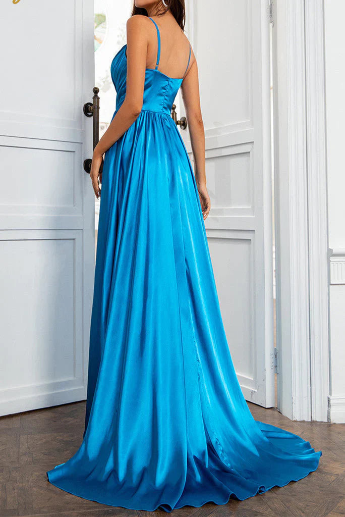 A Line Spaghetti Straps Satin Prom Dresses With Slit And Flounced