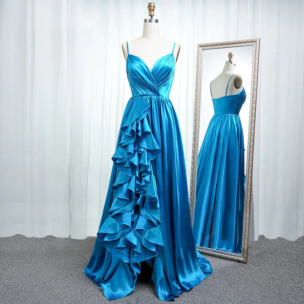 A Line Spaghetti Straps Satin Prom Dresses With Slit And Flounced