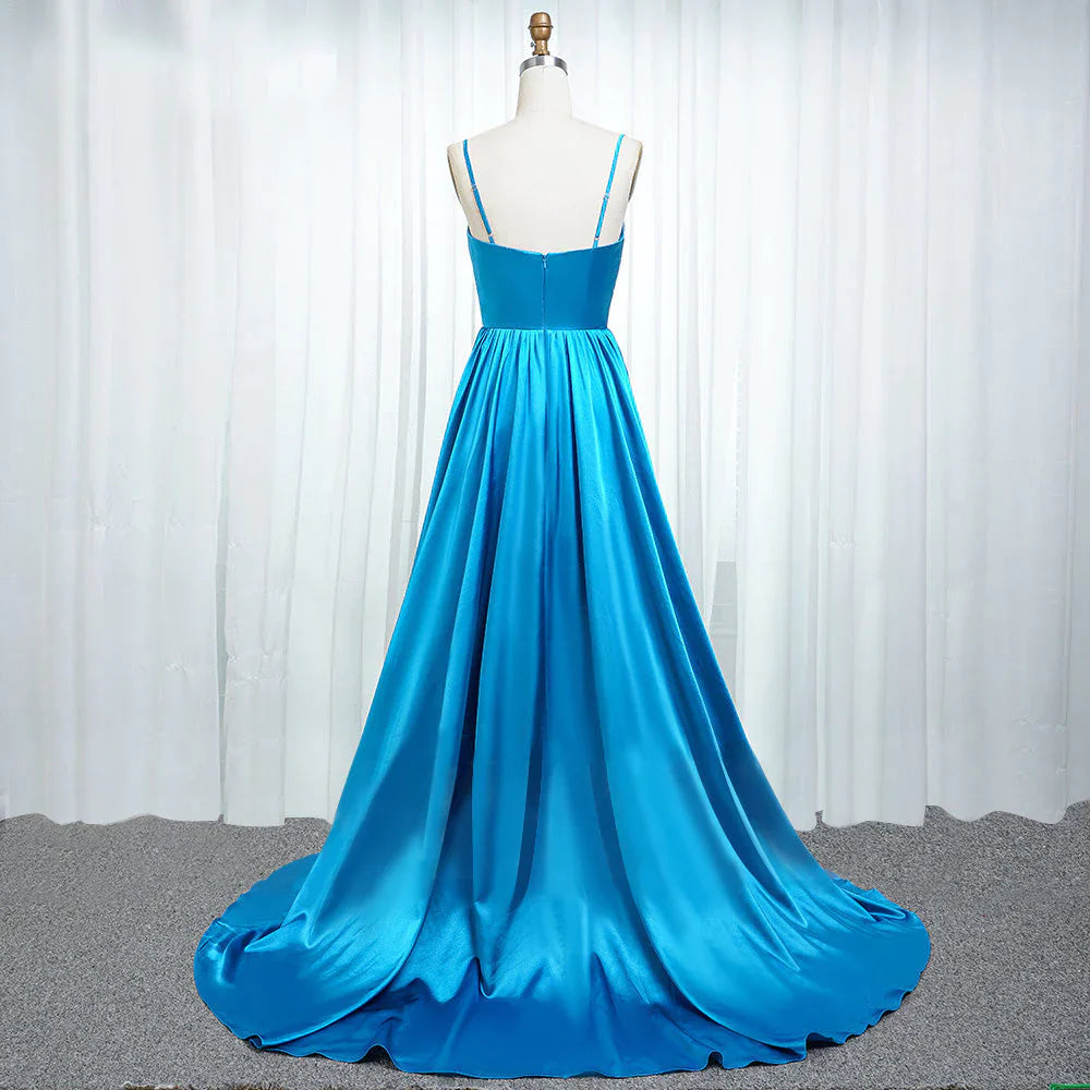 A Line Spaghetti Straps Satin Prom Dresses With Slit And Flounced