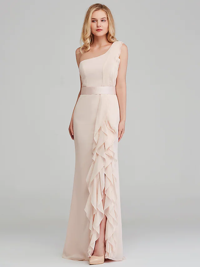 Shoulder Long Length Chiffon Bridesmaid Dress with Cascading Ruffles