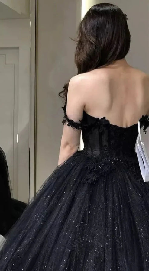 A Line Black Gothic Wedding Dresses Off the Shoulder Lace Tulle Sexy