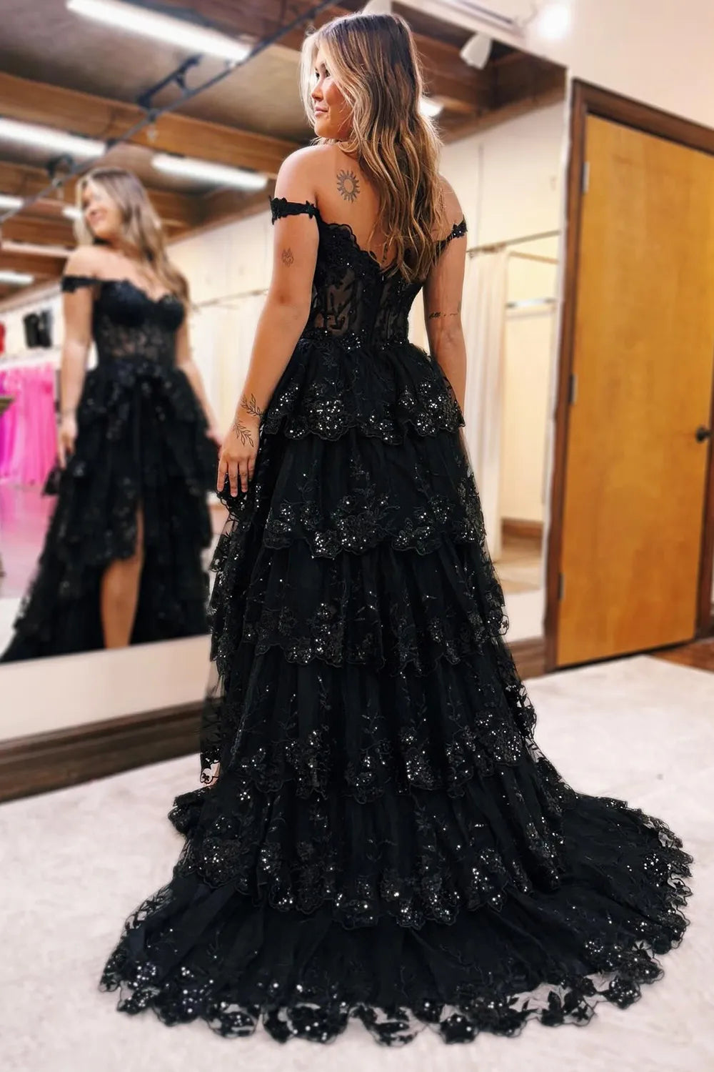 Shoulder Long Tiered Prom Dress With Appliques Off Shoulder