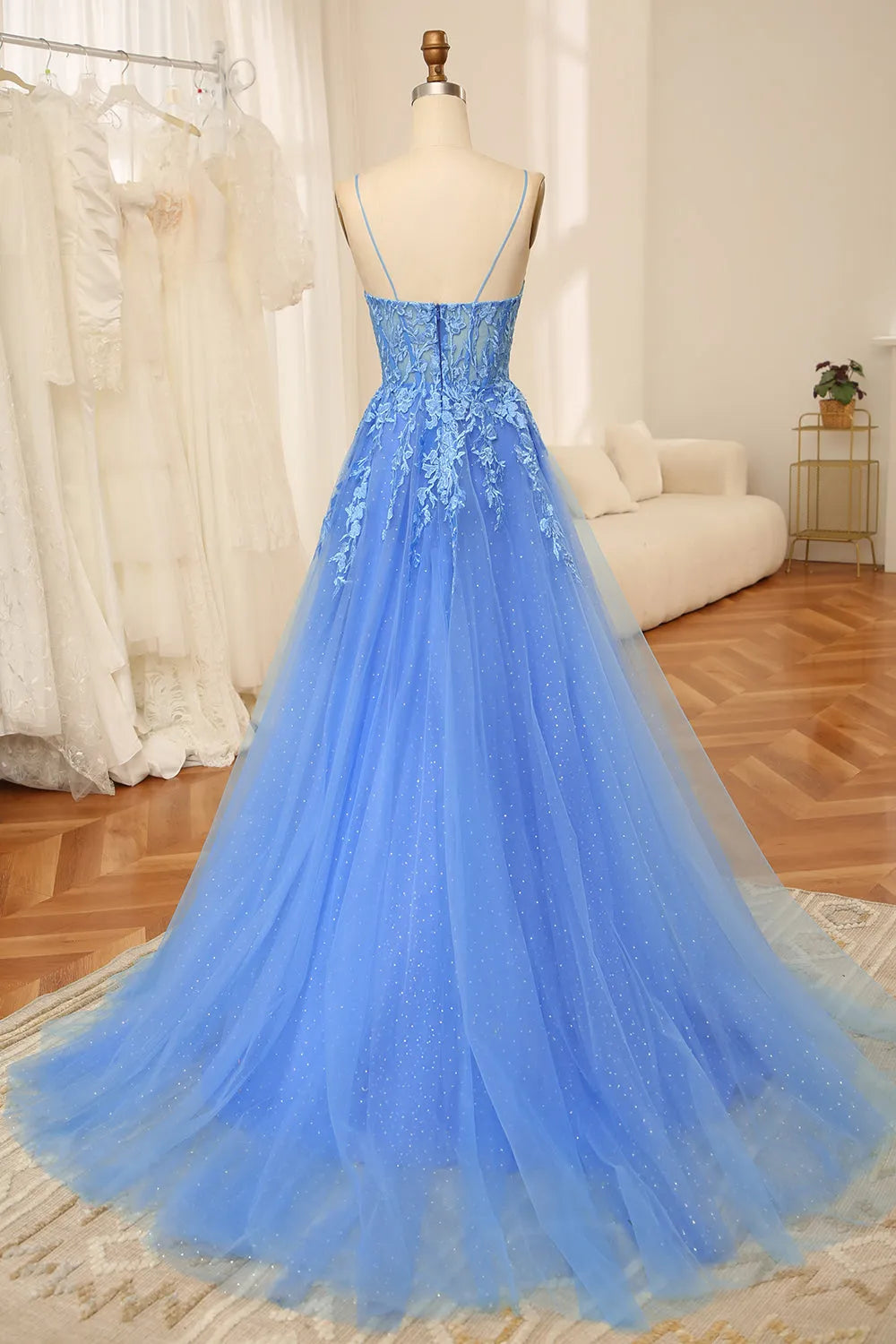 A-Line Spaghetti Straps Back Long Tulle Prom Dress With Appliques Sexy