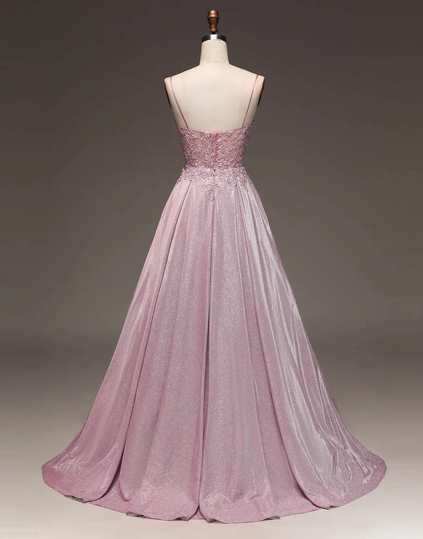 A-Line Spaghetti Straps Long Glitter Prom Dress V-neck Sparkly
