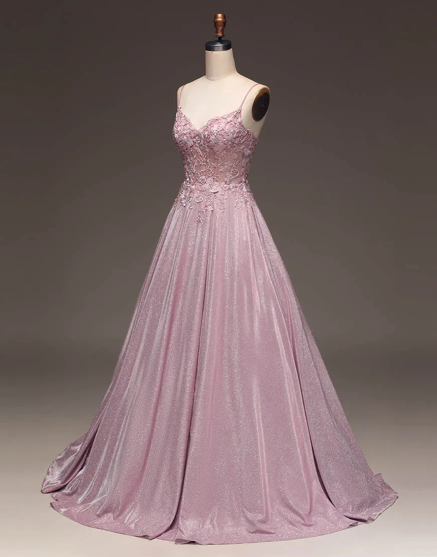 A-Line Spaghetti Straps Long Glitter Prom Dress V-neck Sparkly
