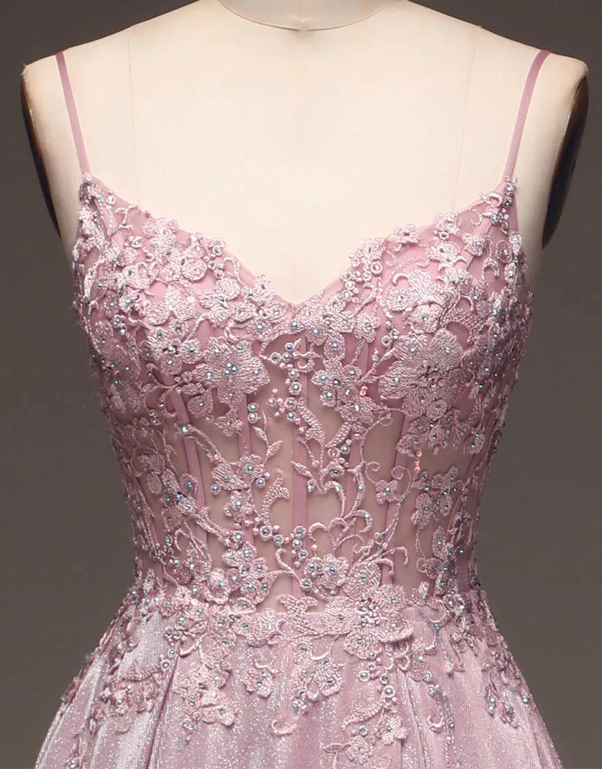 A-Line Spaghetti Straps Long Glitter Prom Dress V-neck Sparkly