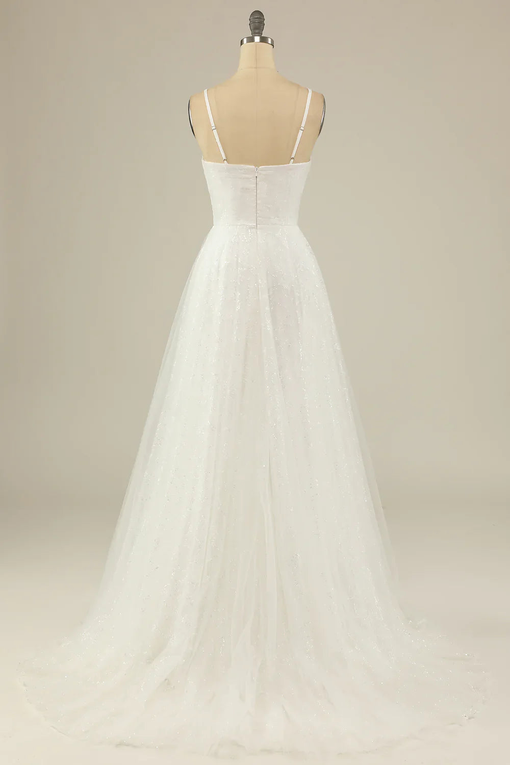 A Line Spaghetti Straps White Tulle Party Dress Sparkle Wedding Dress