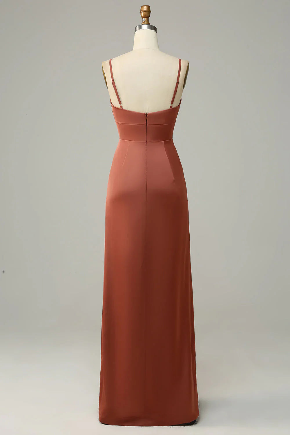 Brick red tight fitting thin shoulder strap slit satin bridesmaid dress