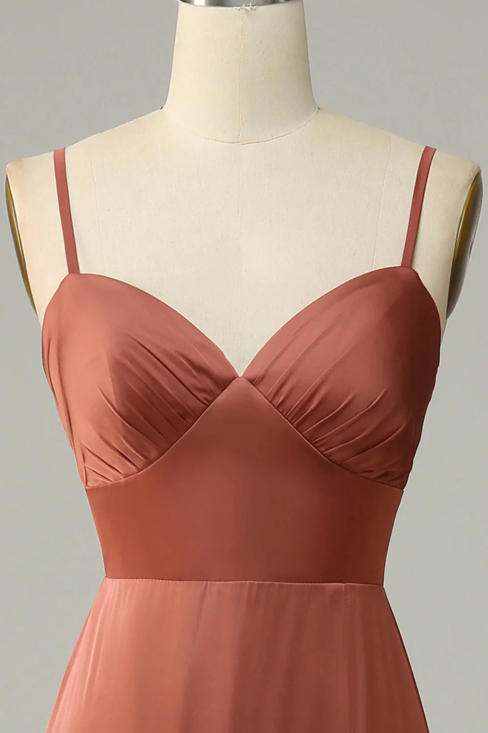 Brick red tight fitting thin shoulder strap slit satin bridesmaid dress