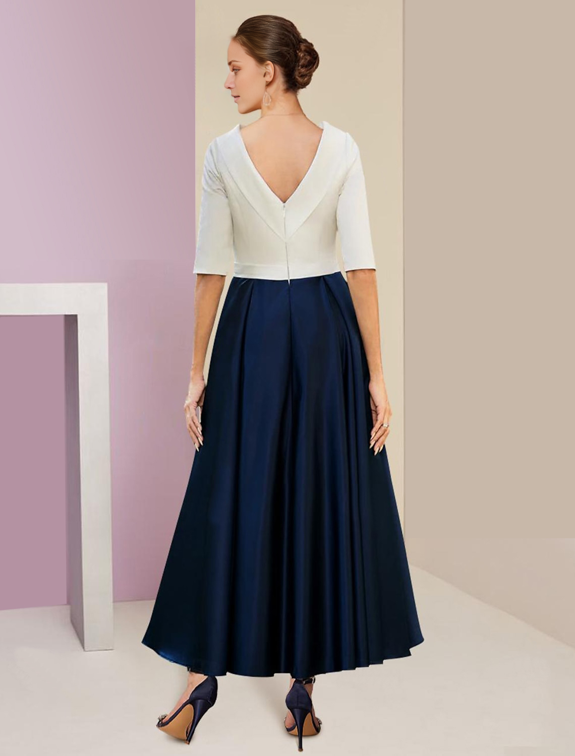 A-Line Mother of the Bride Dress Wedding Guest Elegant Vintage Jewelry Collar Tea Length Charmeuse Satin Half Sleeves with Ruffles Crystals