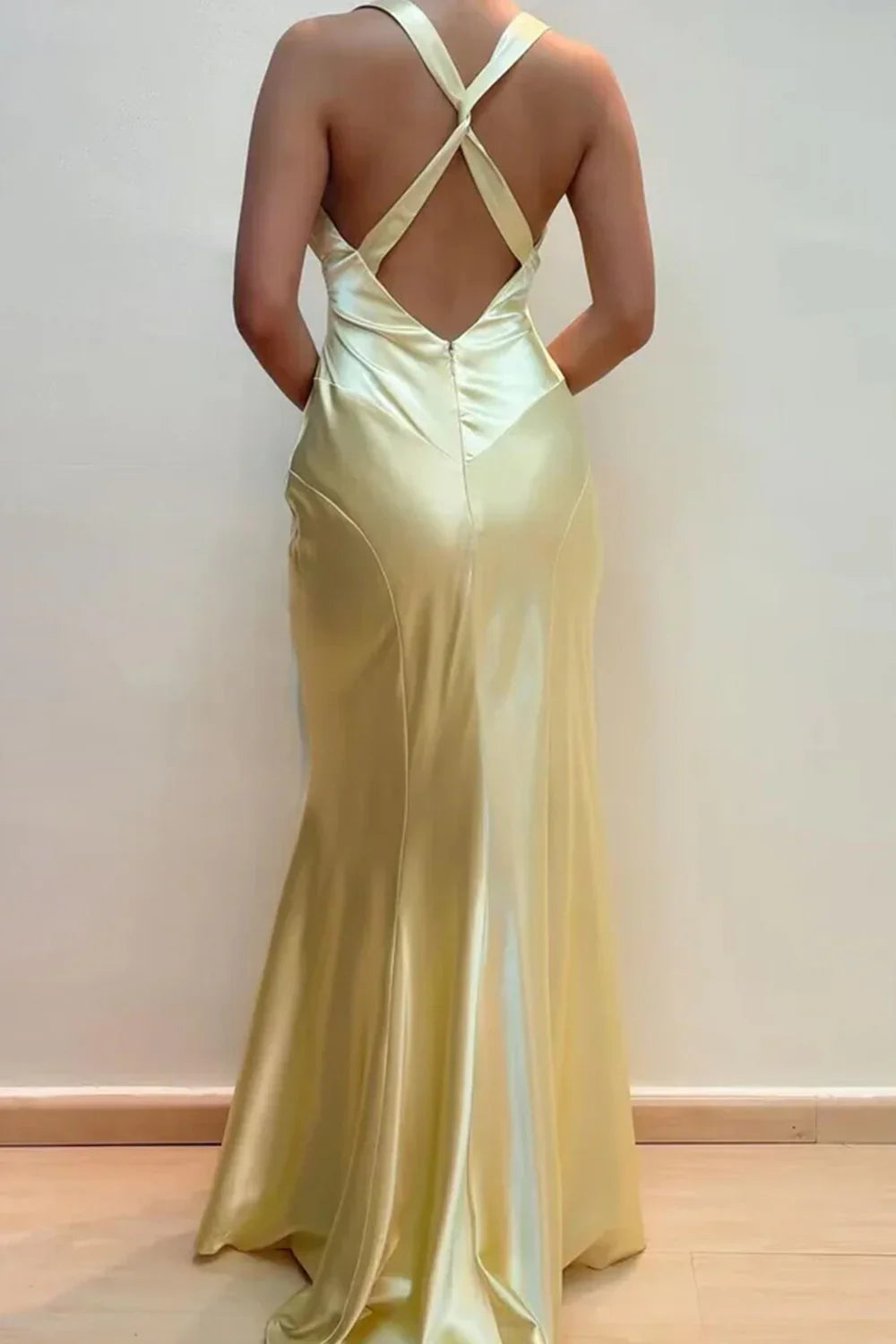Simple Sheath V Neck Yellow Long Backless Prom Dress Sleeveless Party Dress ED01880