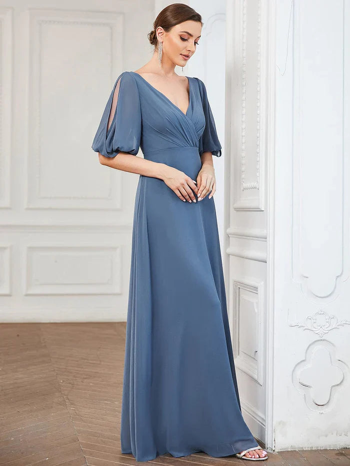 Aimishang Chiffon Split Sleeve V-Neck Pleated Mother of the Bride Dress