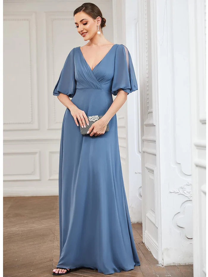 Aimishang Chiffon Split Sleeve V-Neck Pleated Mother of the Bride Dress