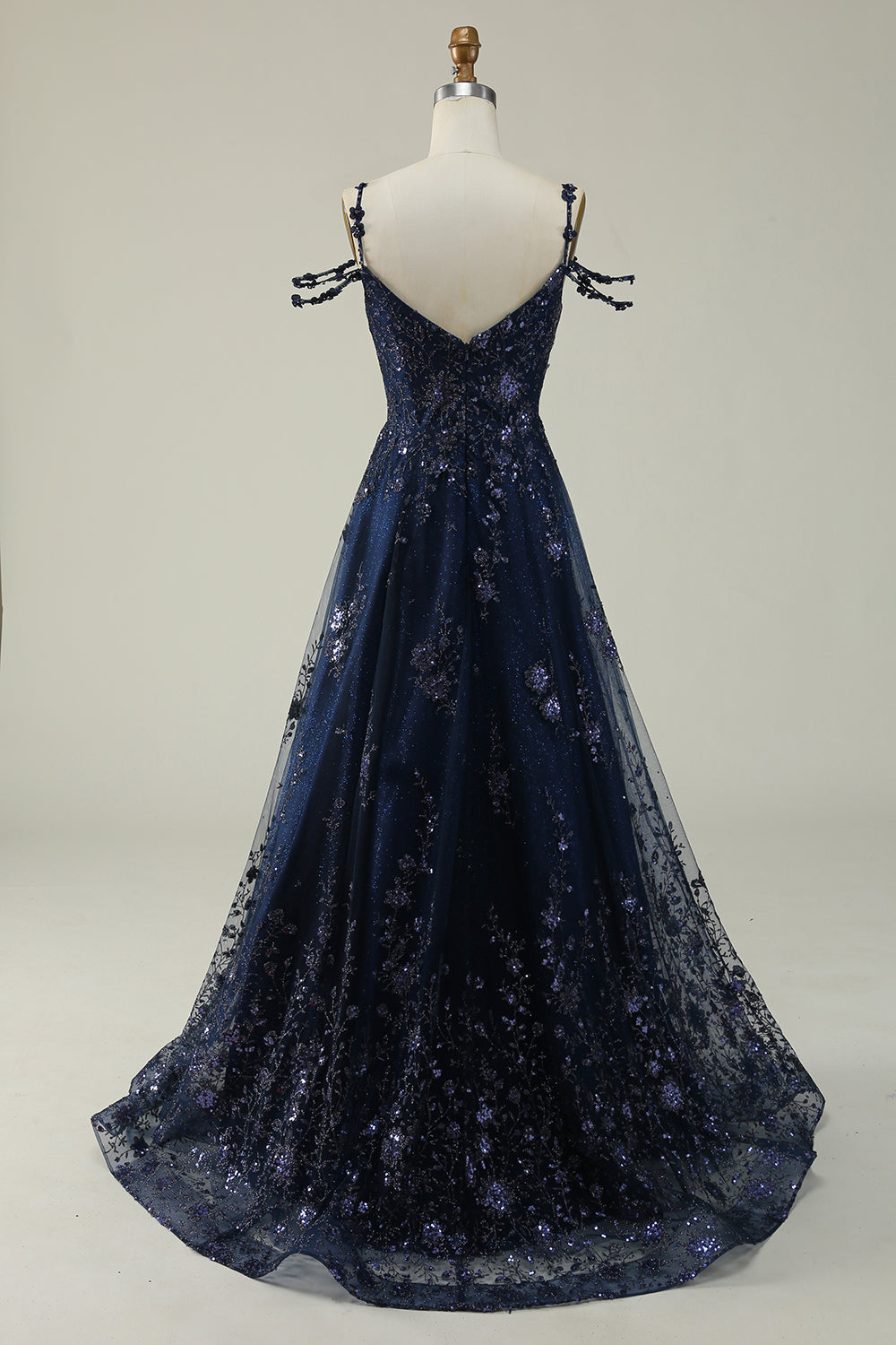 Navy A Line Cold Shoulder Long Prom Dress V-neck Sexy Sparkly