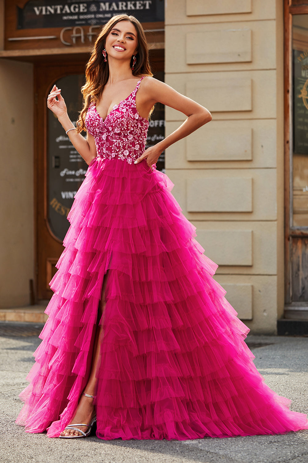 Fuchsia A-Line Spaghetti Straps Tiered Long Prom Dress With Slit V-neck Sexy