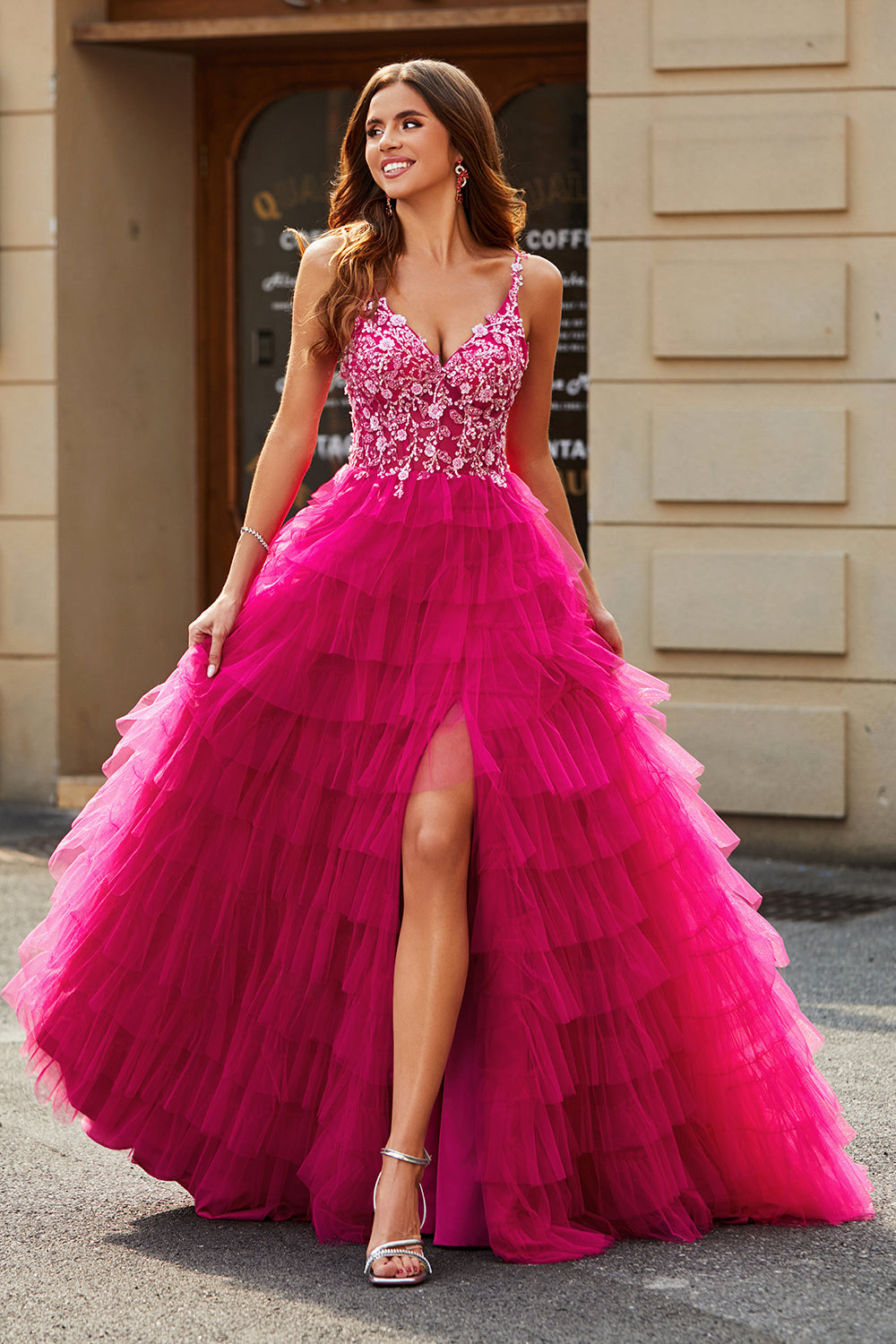 Fuchsia A-Line Spaghetti Straps Tiered Long Prom Dress With Slit V-neck Sexy
