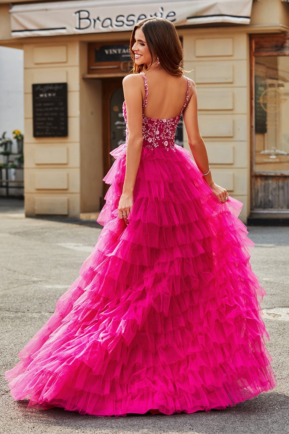Fuchsia A-Line Spaghetti Straps Tiered Long Prom Dress With Slit V-neck Sexy