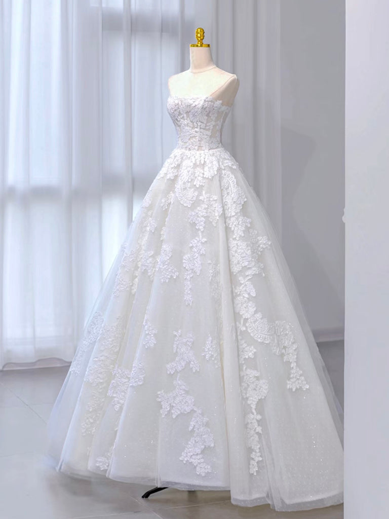 A-Line Tulle Lace ivory Long Prom Dress Formal Dress Off Shoulder Wedding Dress