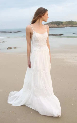 Spaghetti Sleeveless Chiffon Beach Boho Wedding Dress Open Back Elegant