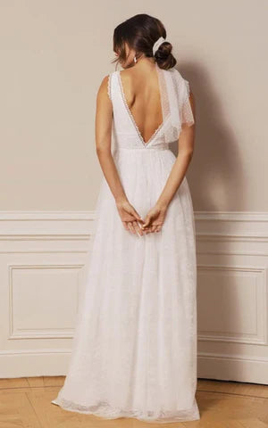 Bohemian Lace Tulle Plunging Neckline A Line Floor-length Deep-V Back Wedding Dress Sexy