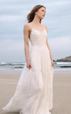Spaghetti Sleeveless Chiffon Beach Boho Wedding Dress Open Back Elegant