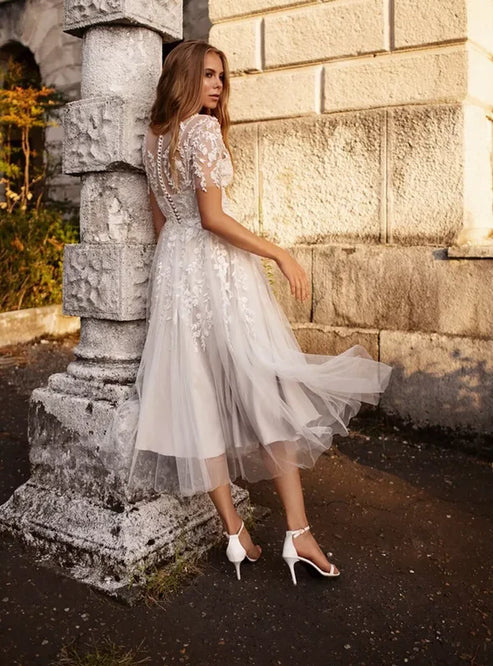 Tea Length Sleeves Ethereal Modern A-Line V-Neck Button Back Wedding Dress Elegant