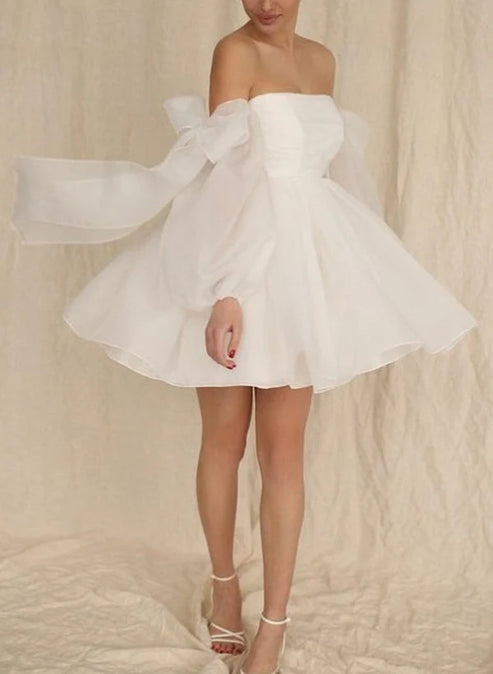 A-Line Puff Long Sleeves Short Wedding Dresses With Bows Off Shoulder